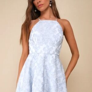 Lulus Pleasantly Darling Blue Jacquard Floral Backless Mini Dress